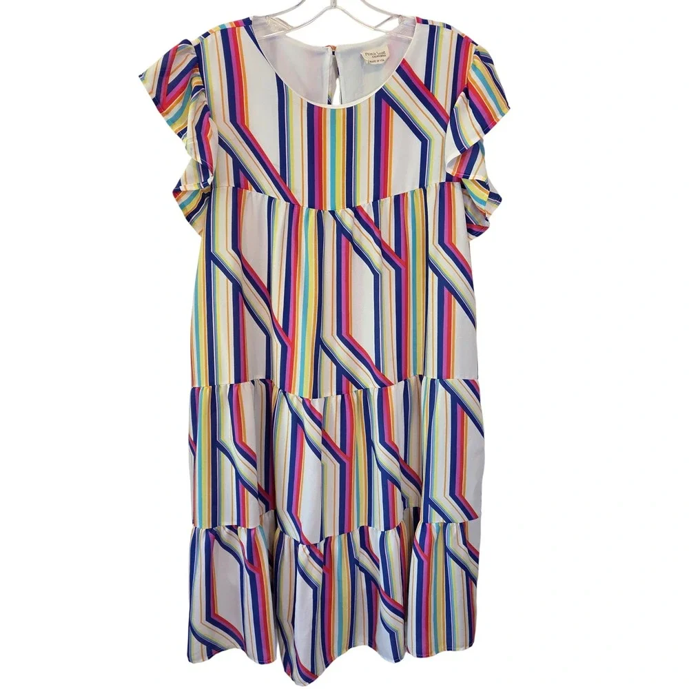 Peach Love California Multi Color Stripe Tiered Babydoll Mini Dress Pockets L - Picture 2 of 13